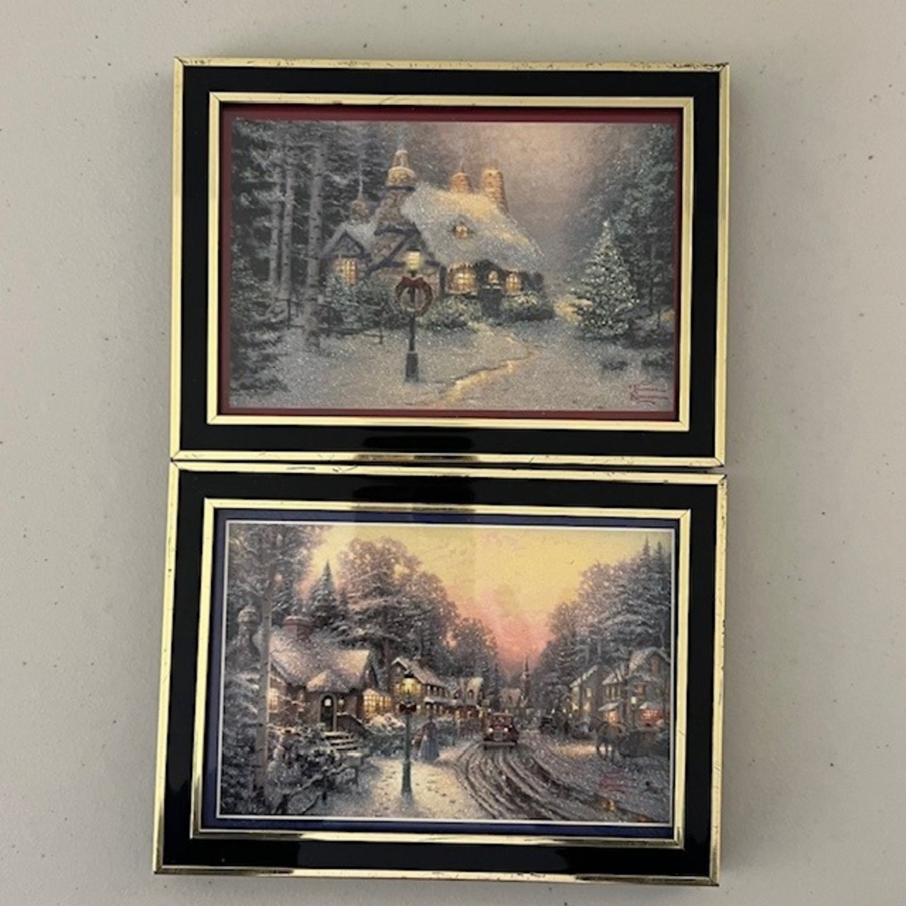 Thomas Kinkade Winter Cottage Village Framed Mini Prints Set of 2 Black Gold 5x7